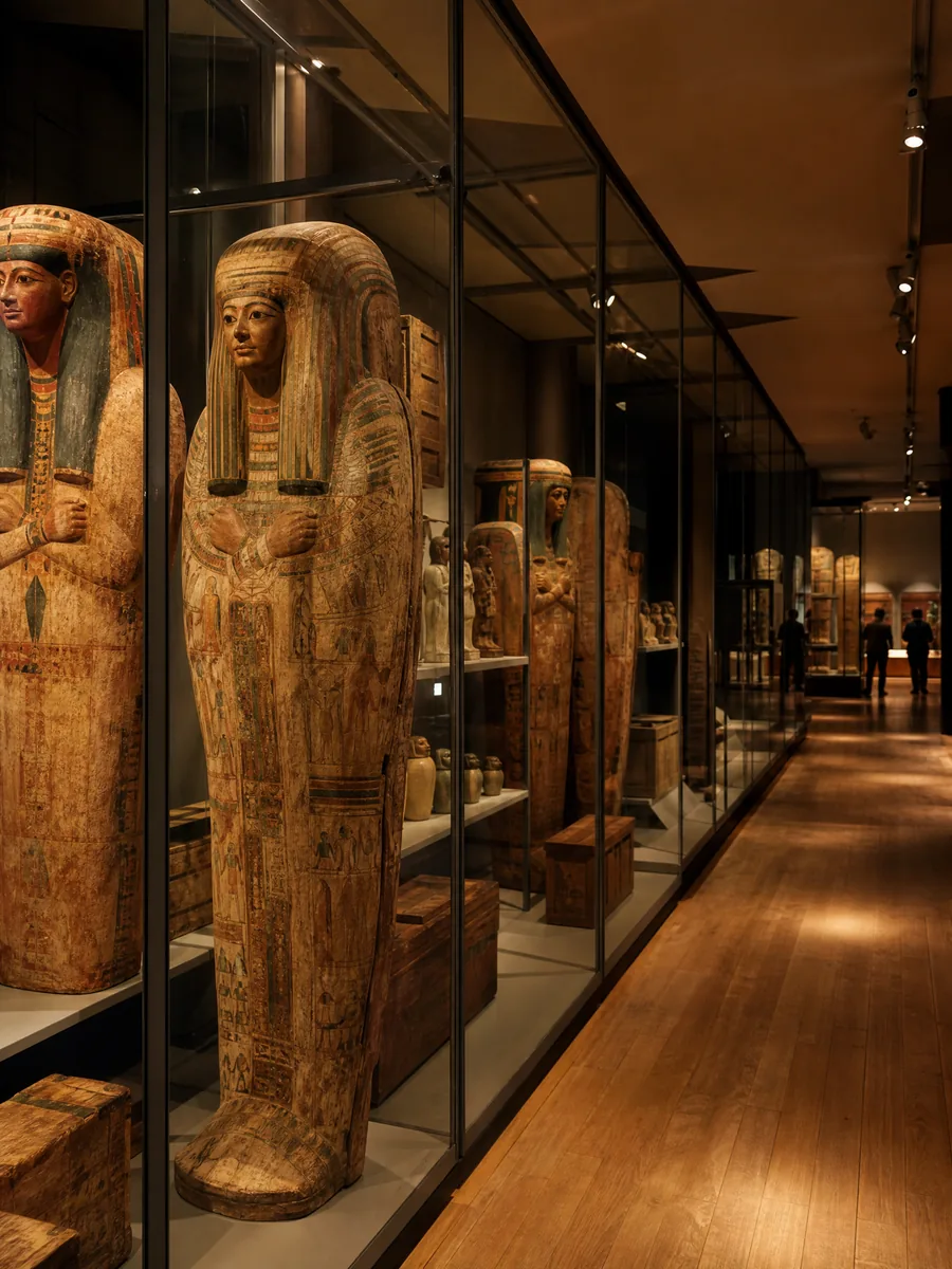 Eine Museumsgalerie mit bemalten Särgen, die in den Vitrinen stehen, und einem Holzboden