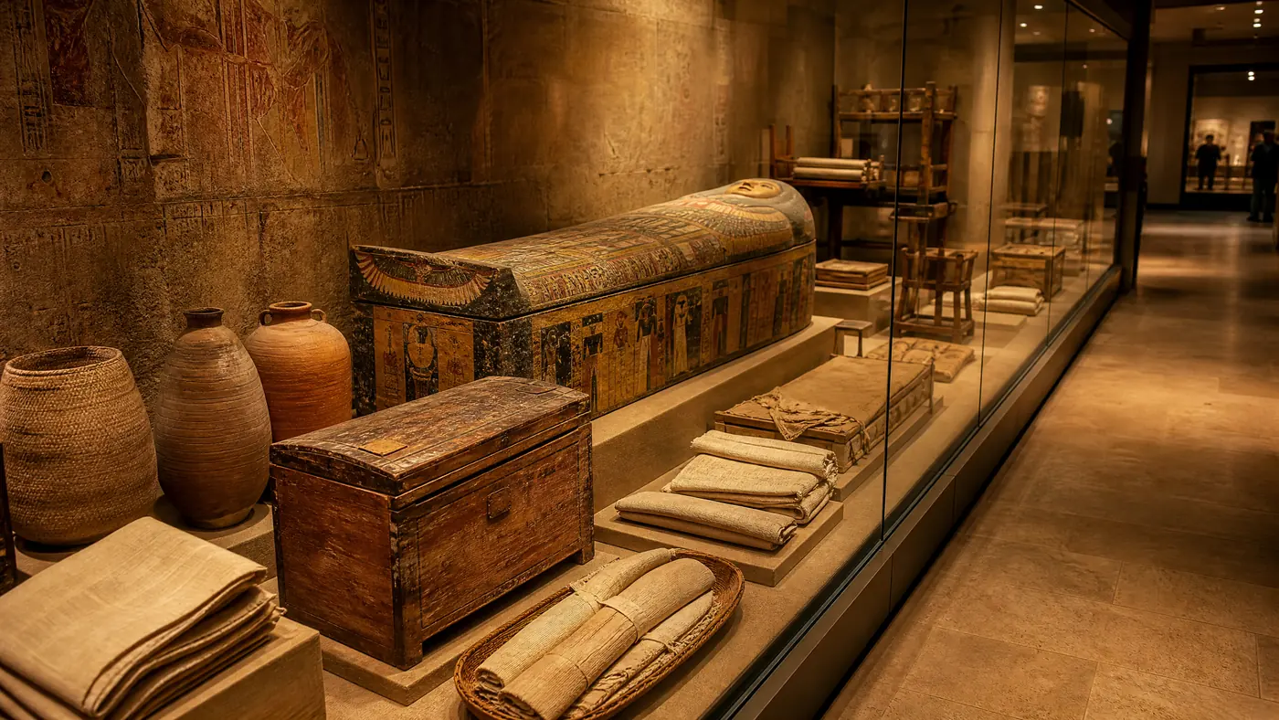 A long display case with a painted coffin, a wooden box, linen fabrics, baskets and vases
