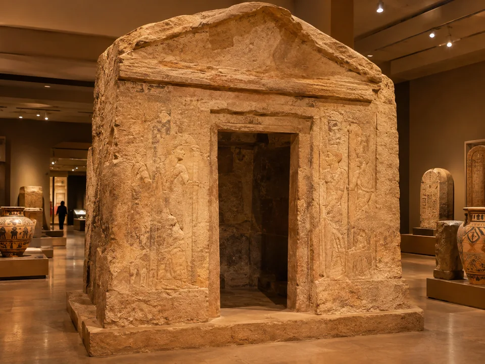The facade of a small chapel in sandstone carved into the rock, reconstructed in a museum room