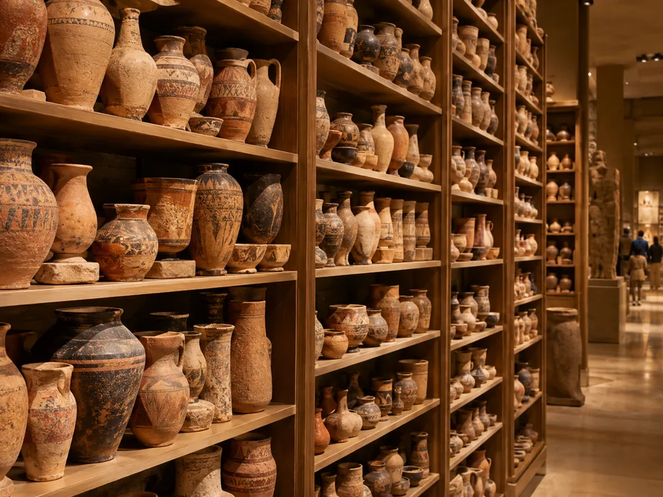 Museum shelves full of small ancient terracotta pots, arranged like books